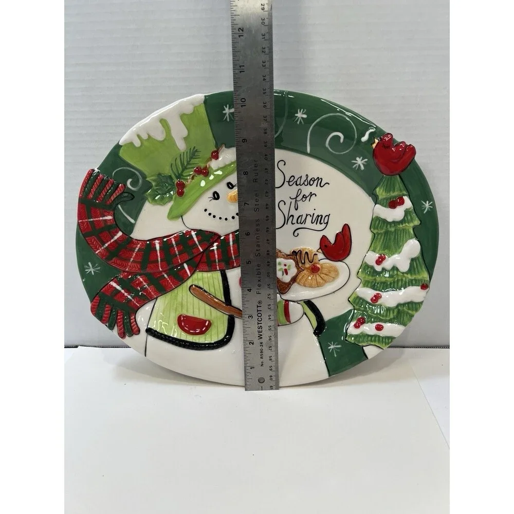 FITZ & FOYD Platter Holly Hat Snowman Christmas Wishes Embossed Cookie Tray